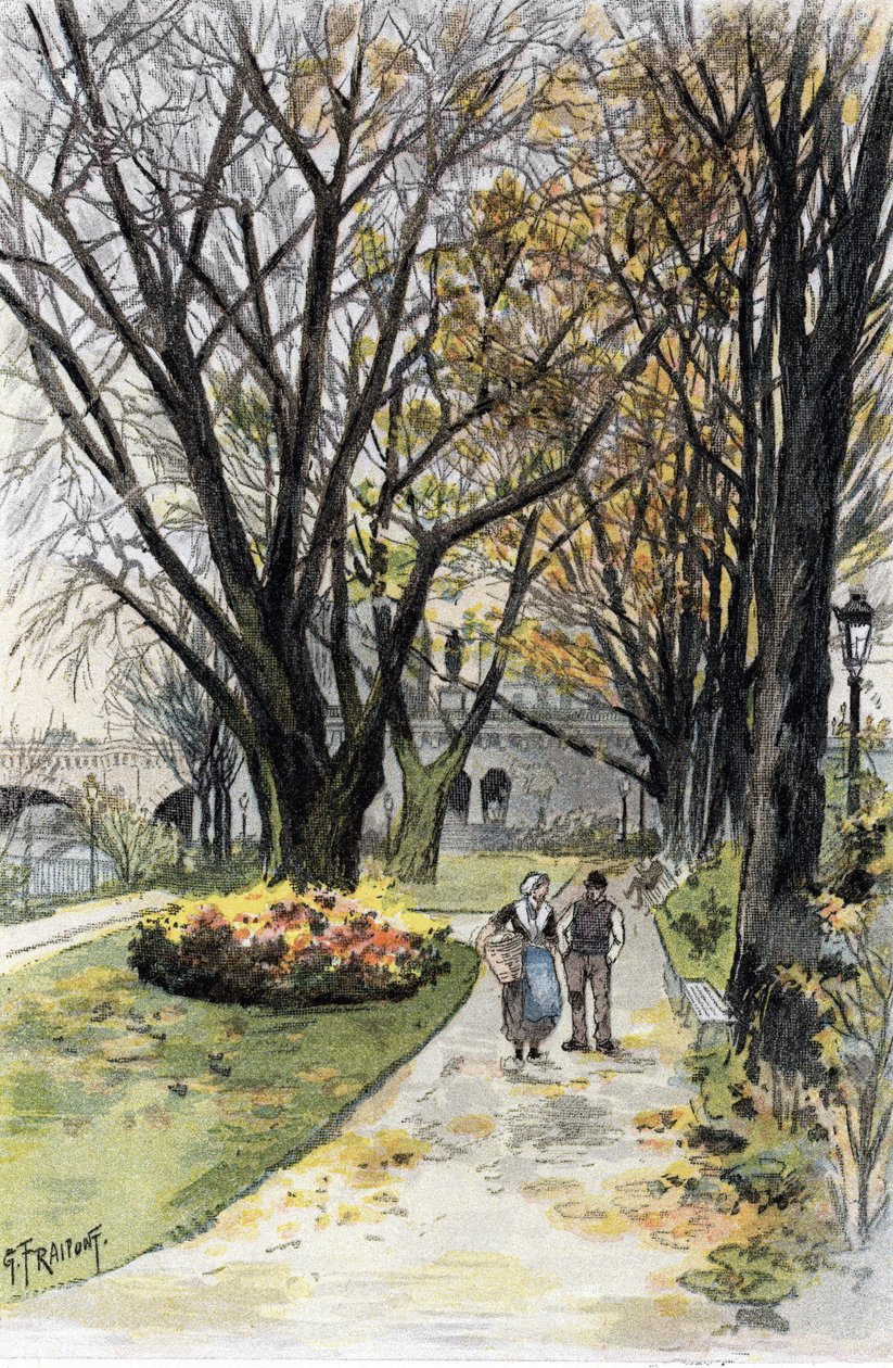 Pohled na Pont Neuf, Paříž (Chodníci na promenádě Pont-Neuf, Paříž) Kresba Gustava Fraiponta (1849-1923) ze Saint-Juirs od Gustave Fraipont