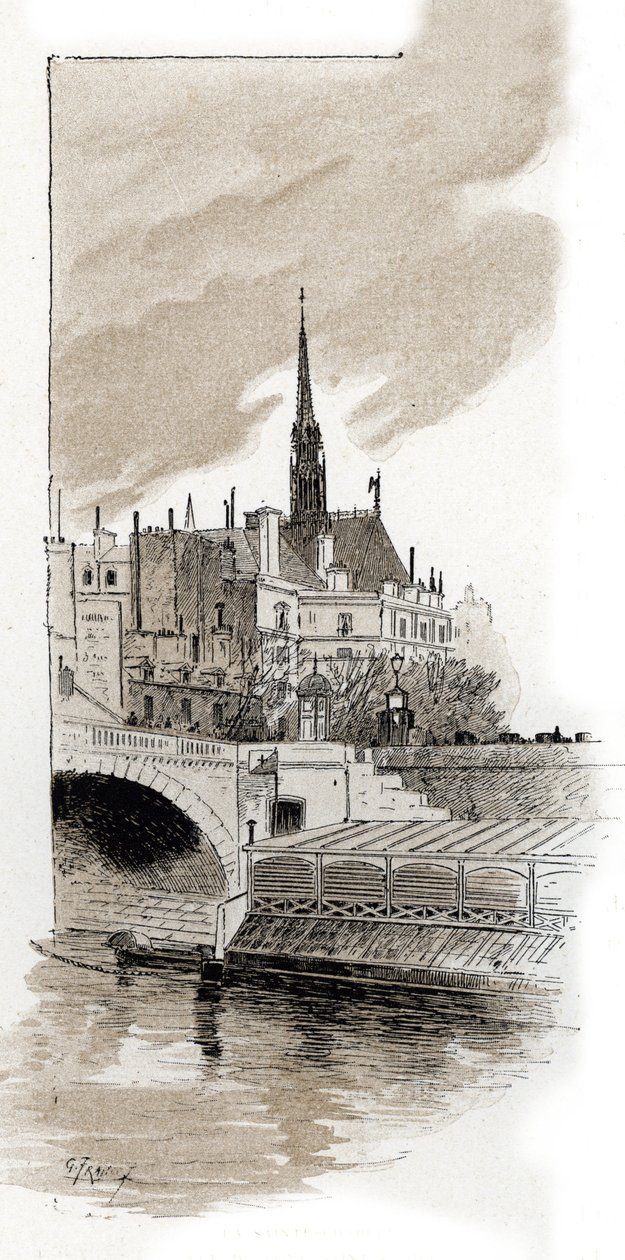 Pohled na Sainte Chapelle z mostu St Michel, Paříž (Pohled na Sainte-Chapelle z mostu St Michel, Paříž) Kresba Gustava Fraiponta (1849-1923) čerpá z „La seine a travers Paris“ od Saint-Juirse od Gustave Fraipont