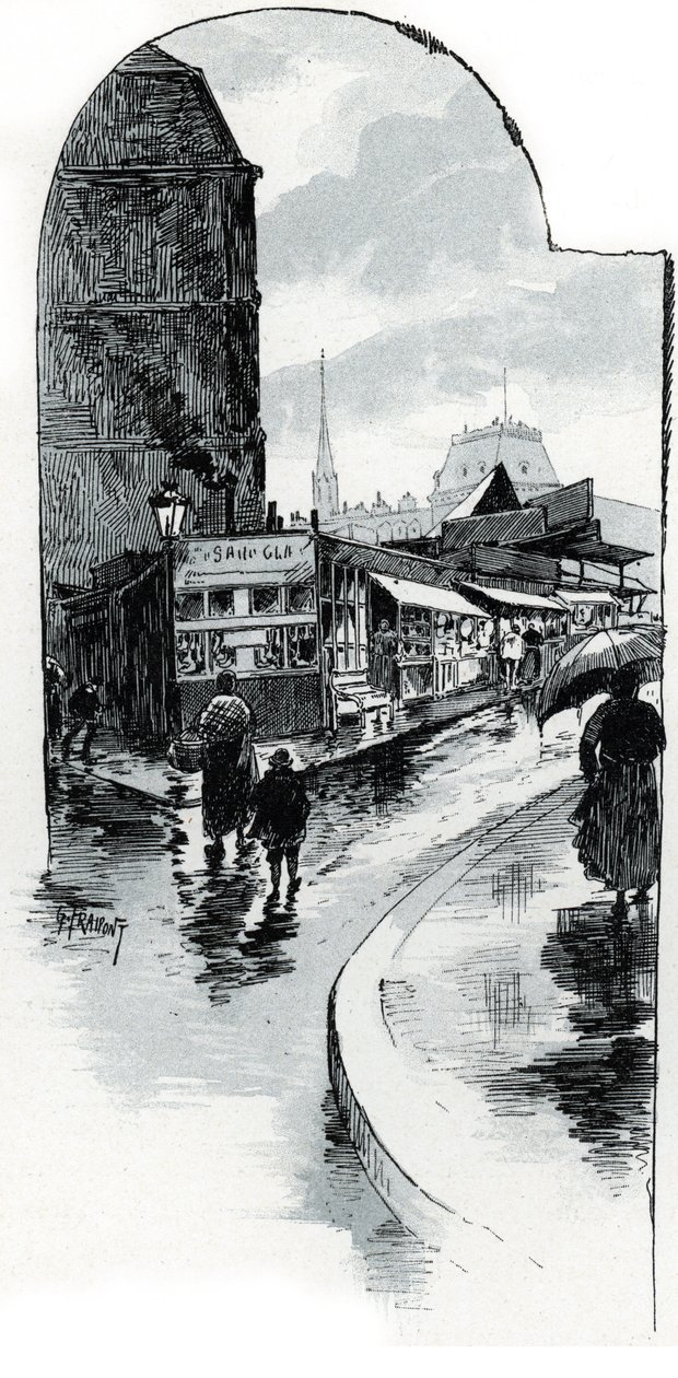 Pohled na brocanteurs na rohu rue de la bucherie v Paříži (Obchody z druhé ruky v rue de la Bucherie, Paříž) Kresba Gustava Fraiponta (1849-1923) čerpá z „La seine a travers Paris“ od Saint- Juirs od Gustave Fraipont