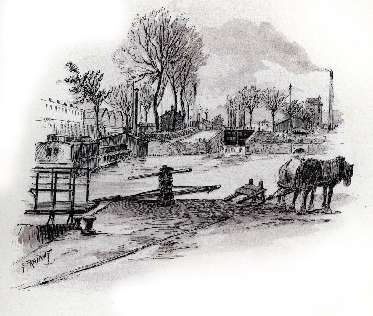 Pohled na kanál Saint-Denis a quai de la Gironde a la Villette, Paříž (Pohled na canal Saint Denis a quai de la Gironde ve čtvrti Villette, Paříž) Kresba Gustava Fraiponta (1849-1923) ze Saint-Juirs od Gustave Fraipont