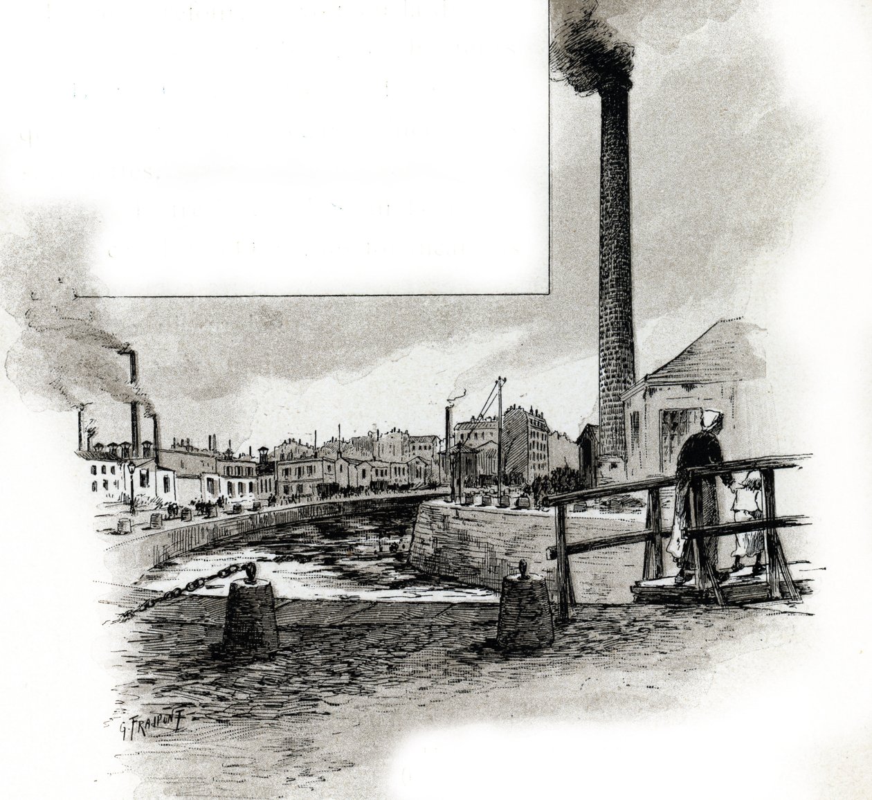 Pohled na vyschlé koryto kanálu Saint-Martin během období čištění Kresba Gustava Fraiponta (1849-1923) čerpá z „La seine a travers Paris“ od Saint-Juirse od Gustave Fraipont
