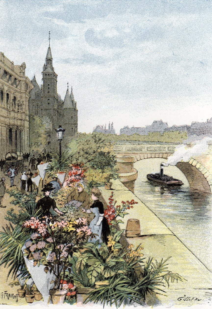 Pohled na květinový trh, Ile de la Cite, Paříž Kresba Gustava Fraiponta (1849-1923) ze Saint-Juirs od Gustave Fraipont