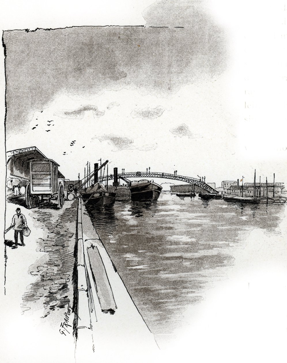 Pohled na lávku Canal de la Villette, Paříž (Lávka Canal de la Villette, Paříž) Kresba Gustava Fraiponta (1849-1923) čerpá z „La seine a travers Paris“ od Saint-Juirs od Gustave Fraipont