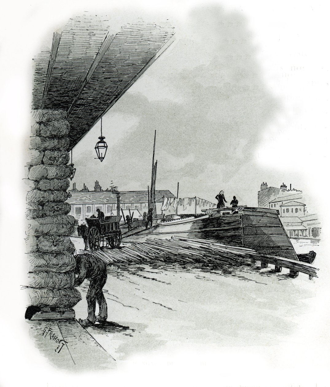 Pohled na hangáry přístavu La Villette v Paříži (loděnice a kůlna přístavu La Villette, Paříž) Kresba Gustava Fraiponta (1849-1923) čerpá z „La seine a travers Paris“ od Saint-Juirse od Gustave Fraipont