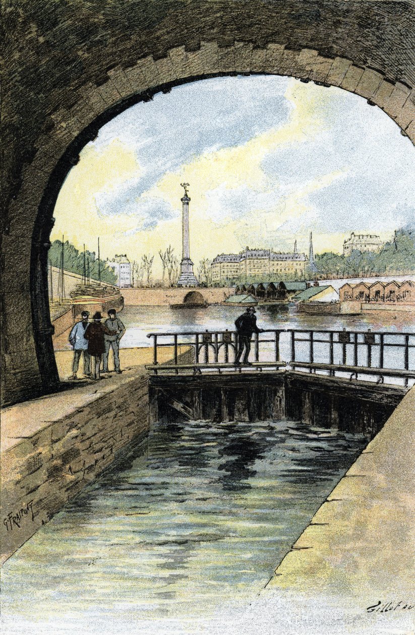 Pohled na zámek kanálu Saint Martin v Paříži kresba Gustave Fraipont (1849-1923) z „La Seine A Travers Paris“ od Saint-Juirs od Gustave Fraipont