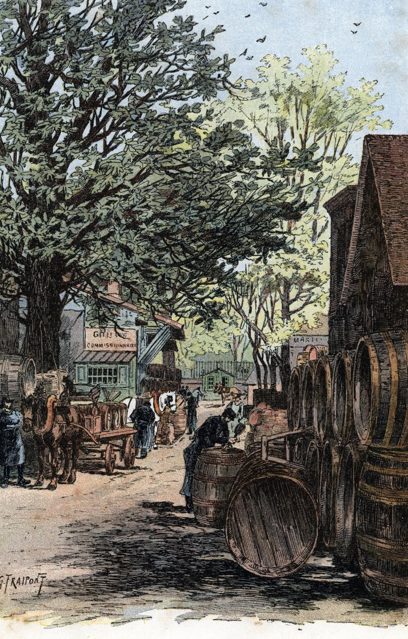 Pohled na nový sklad na Rue Laroche, Bercy, Paříž Sklady vína na rue Laroche v Bercy, Paříž) Kresba Gustava Fraiponta (1849-1923) čerpá z „La seine a travers Paris“ od Saint-Jurs od Gustave Fraipont