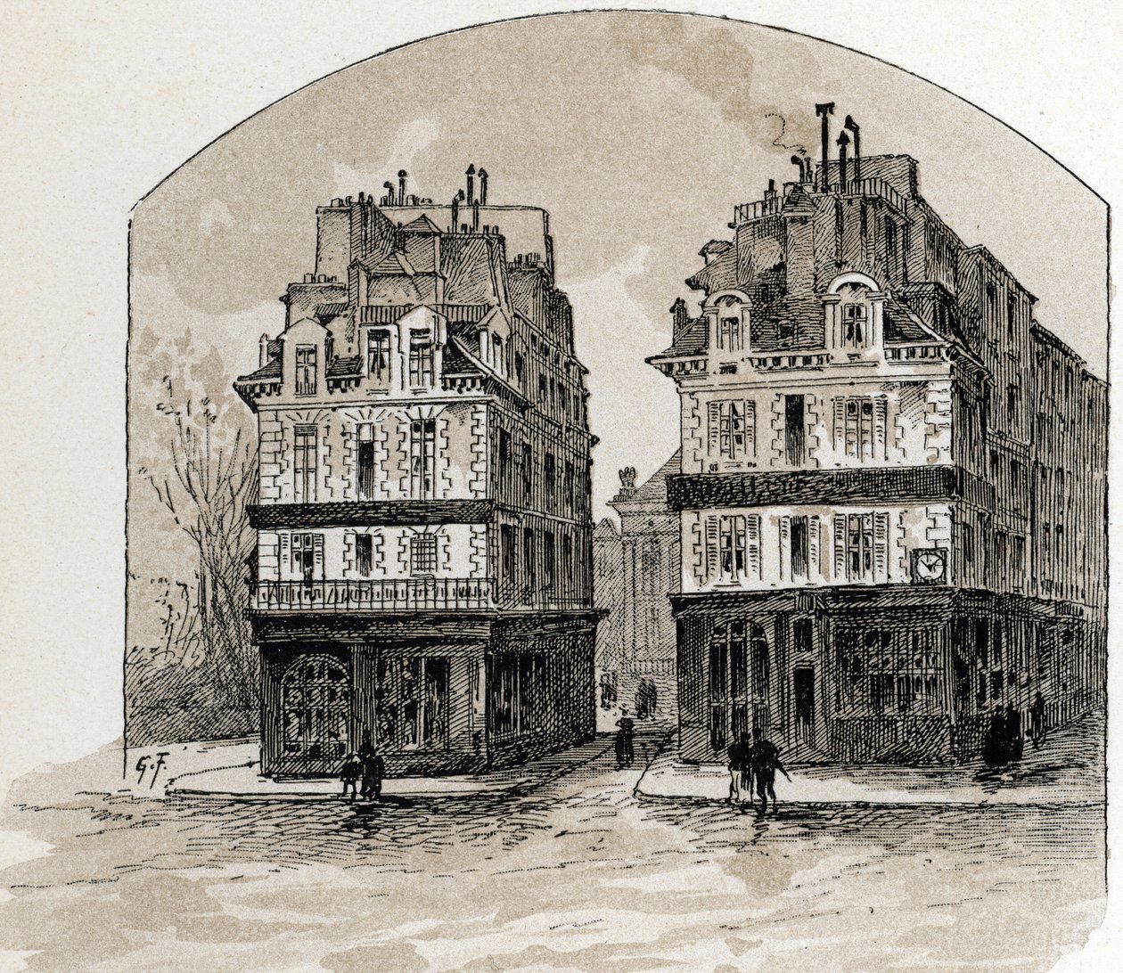 Pohled na staré domy Pont-Neuf v Paříži (Staré domy na mostě Pont Neuf, Paříž) Kresba Gustava Fraiponta (1849-1923) ze Saint-Juirs od Gustave Fraipont