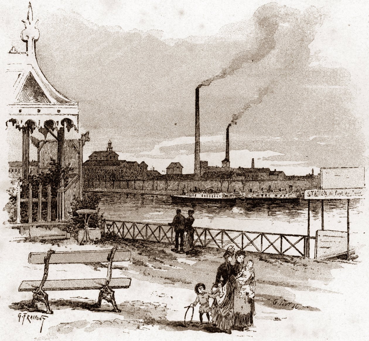 Pohled na quai de Javel v Paříži, actuel quai André-Citroen (Pohled na quai Andre Citroen dříve quai de Javel, Paříž) Kresba Gustava Fraiponta (1849-1923) čerpá z „La seine a travers Paris“ od Saint- Juirs od Gustave Fraipont