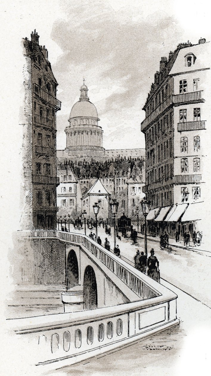 Pohled na rue de Bellay a kopuli Pantheonu, Paříž (Pohled na rue du Bellay a kopuli Pantheonu, 5. obvod, Paříž) Kresba Gustava Fraiponta (1849-1923) ze Saint-Juirs od Gustave Fraipont