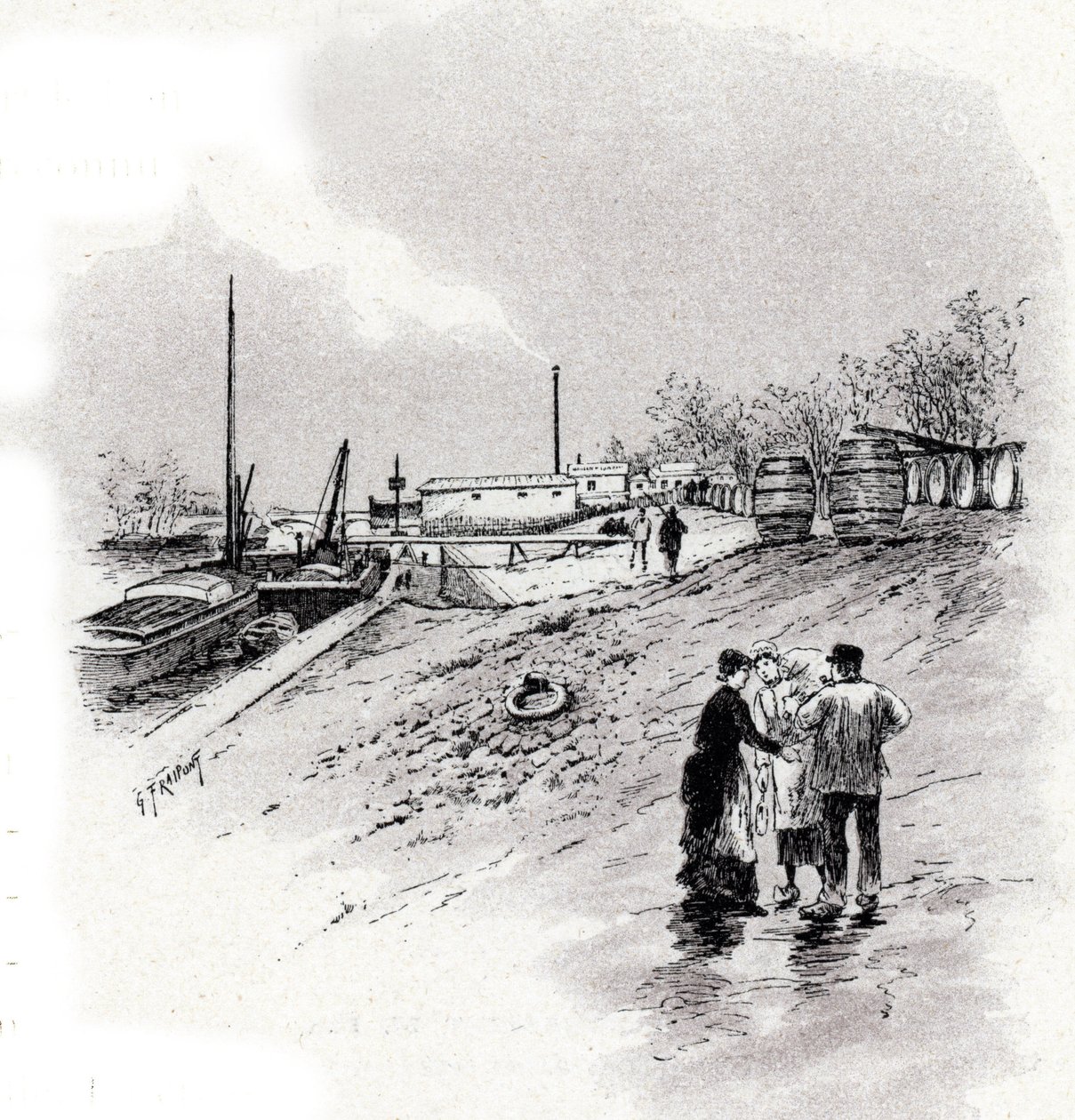 Pohled na břehy řeky Seiny a nábřeží Saint-Bernard, Paříž Kresba Gustava Fraiponta (1849-1923) čerpá z „La seine a travers Paris“ od Saint-Juirse od Gustave Fraipont