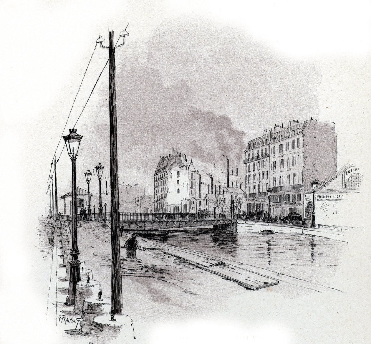 Pohled na otočný most quai de Valmy na kanálu Saint Martin, Paříž Kresba Gustava Fraiponta (1849-1923) ze Saint-Jurs od Gustave Fraipont