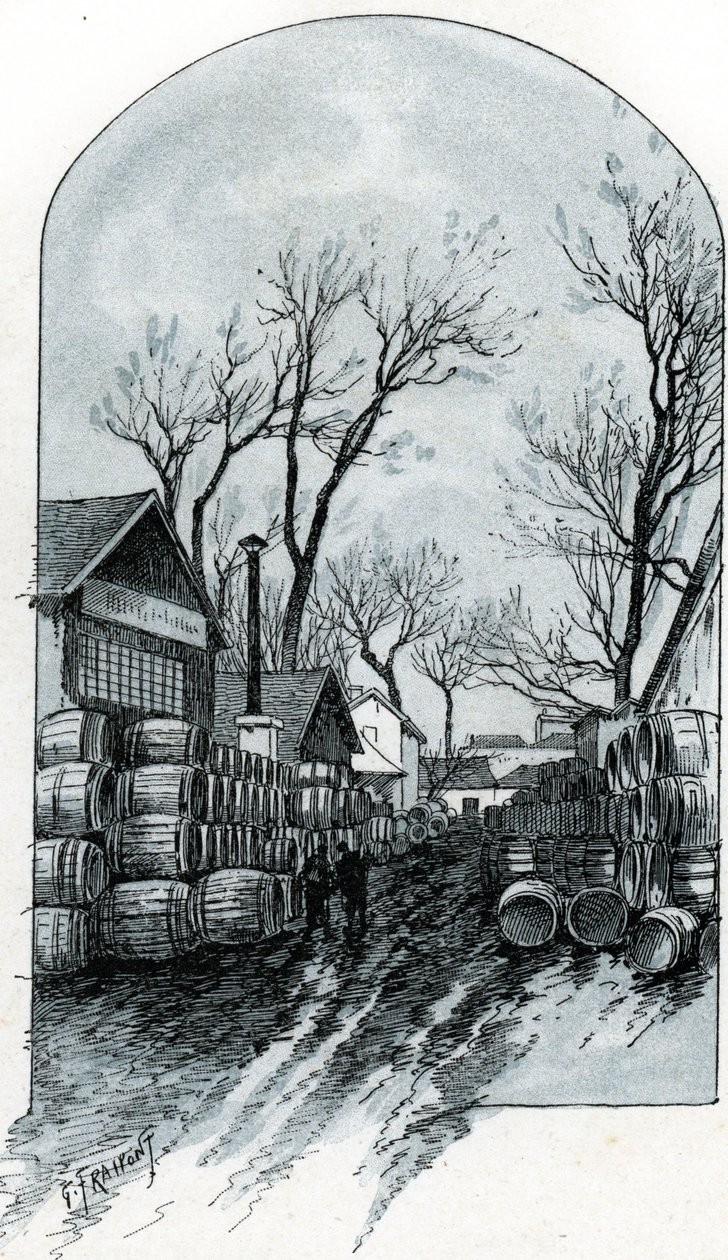 Pohled na sklad rue de Sauternes, Bercy, Paříž (Pohled na sklad rue de Sauternes, Bercy, Paříž) Kresba Gustava Fraiponta (1849-1923) čerpá z „La seine a travers Paris“ od Saint-Juirs od Gustave Fraipont