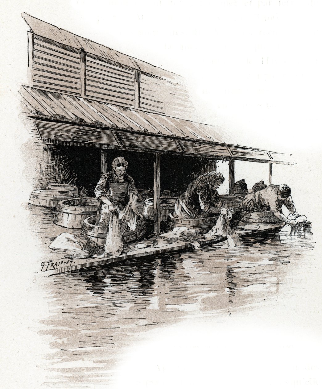 Umývačky na quai de Valmy, břehy kanálu Saint-Martin, Paříž Kresba Gustava Fraiponta (1849-1923) čerpá z „La seine a travers Paris“ od Saint-Juirse od Gustave Fraipont