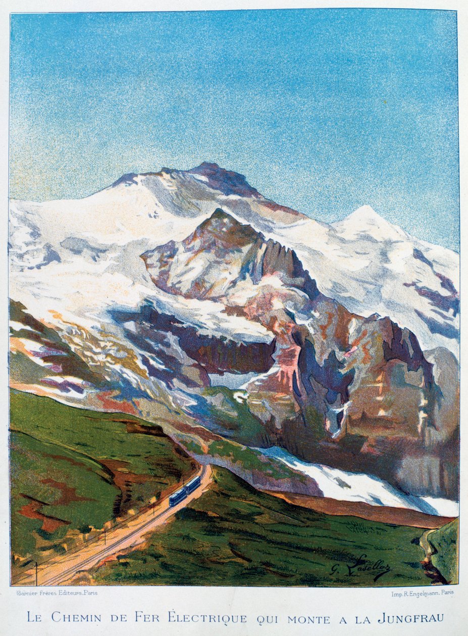 Elektrická železnice na horu Jungfrau, švýcarské Alpy, 19. století od Gustave Francois Lasellaz