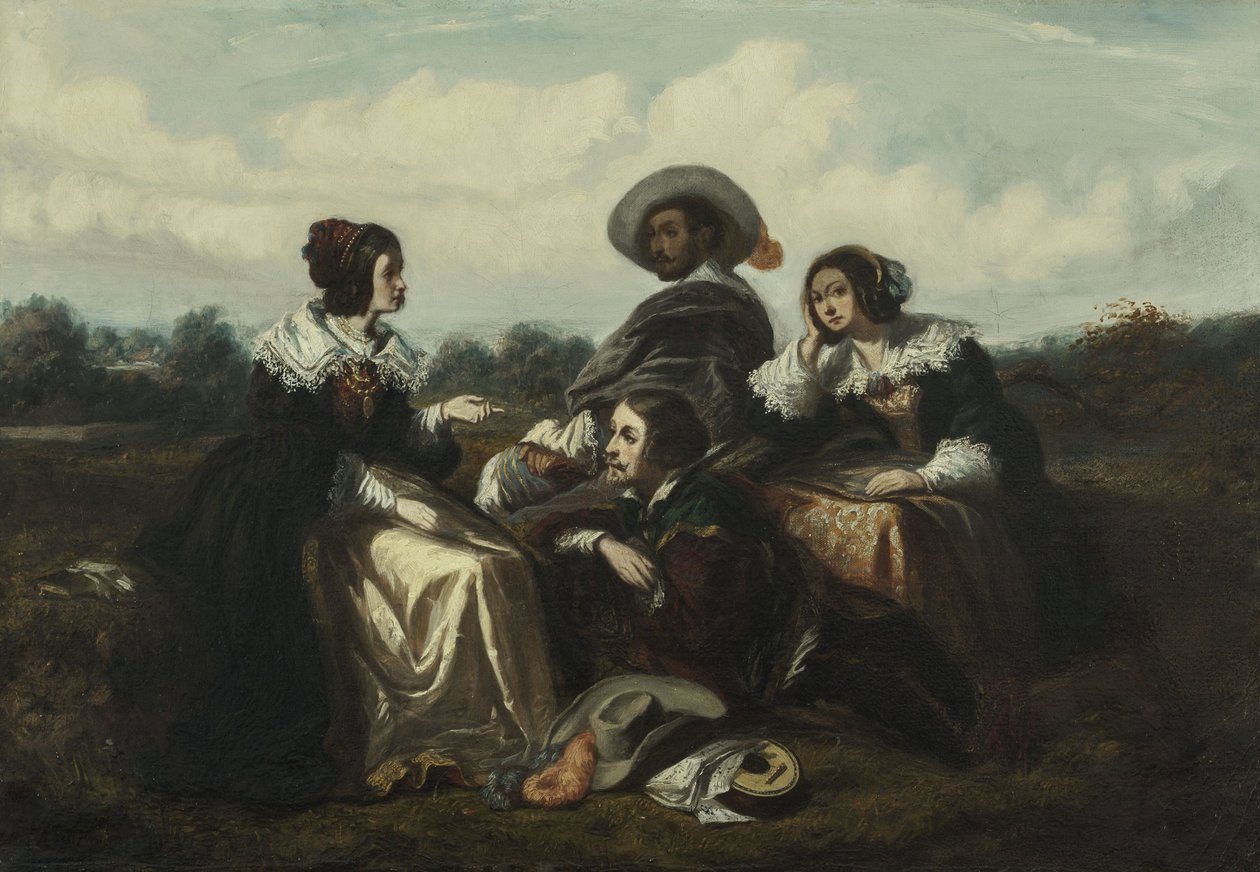 Příběh. Postavy v kostýmu Ludvíka XIII., asi 1830 (olej) od Gustave François Morin