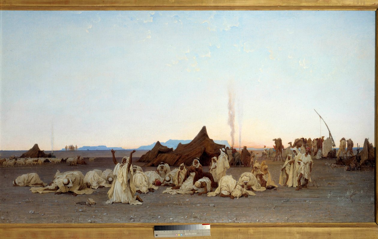 Večerní modlitba v detailu saharské pouště. Obraz Gustava Achille Guillaumet (1840-1887) 1863 Sun. 1,3x2,8m. Paříž, musee d