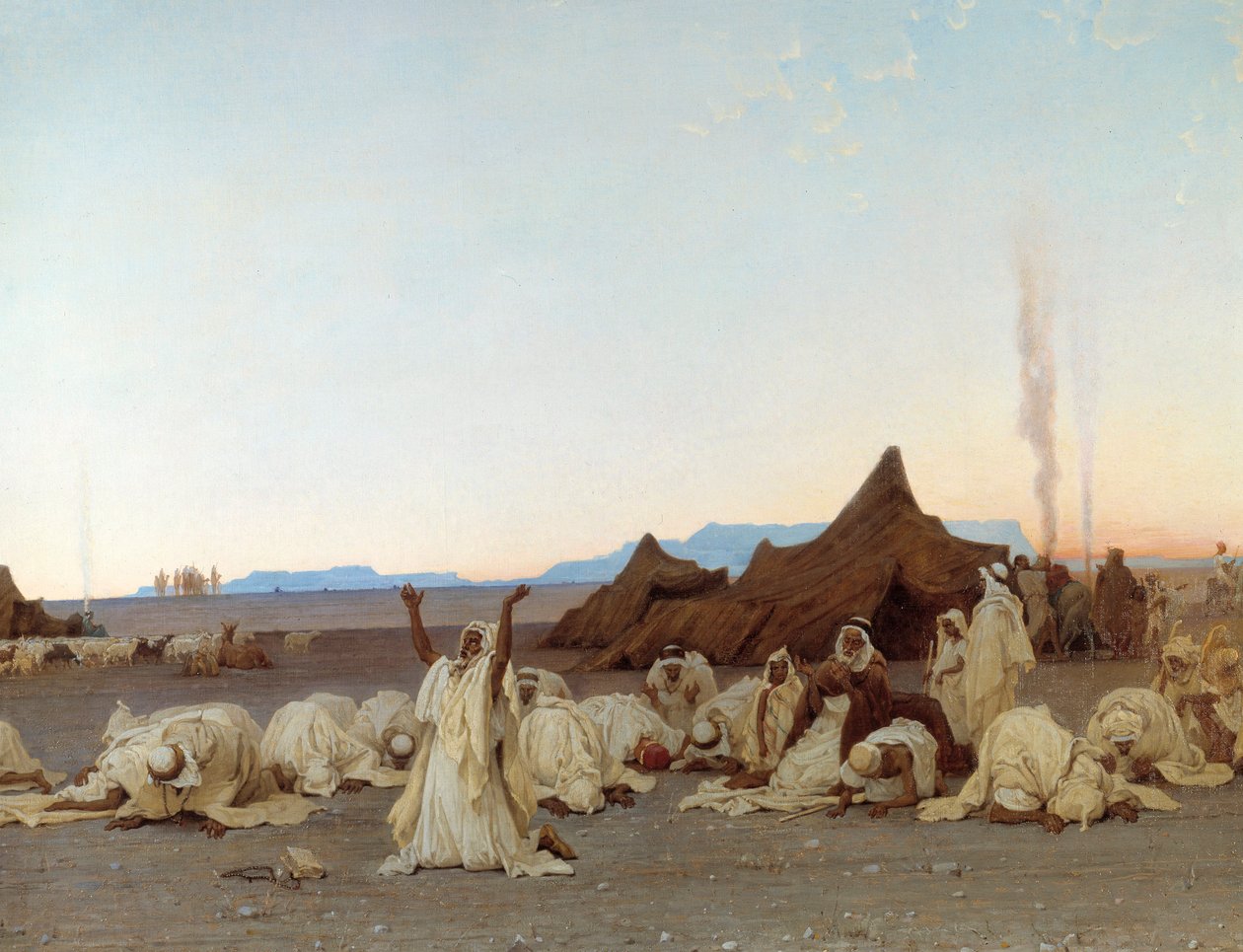 Večerní modlitba v saharské poušti Detail tábora Tuaregů. Obraz Gustava Achille Guillaumet (1840-1887) 1863 Sun. 1,3x2,8m. Paříž, Musee d