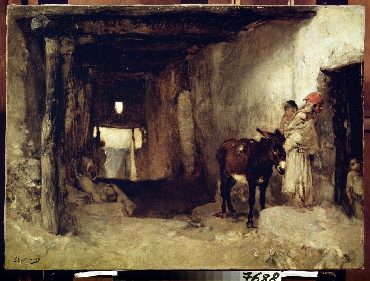 Orientalismus: ""Dům na Sahaře"" (Dům na Sahaře) Žena a její dítě v doprovodu osla. Obraz Gustava Guillaumeta (1840-1887) kolem roku 1880 Puškinovo muzeum, Moskva od Gustave Guillaumet