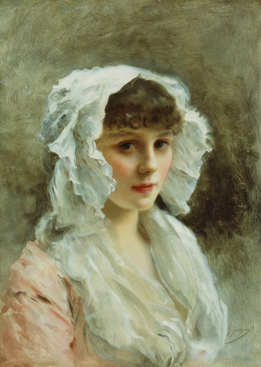 Portrét dámy v bílé čepici, od Gustave Jacquet