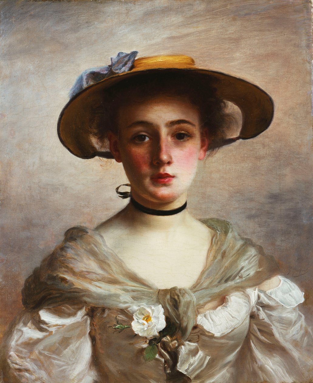 Portrét mladé dívky ve slaměném klobouku, od Gustave Jacquet