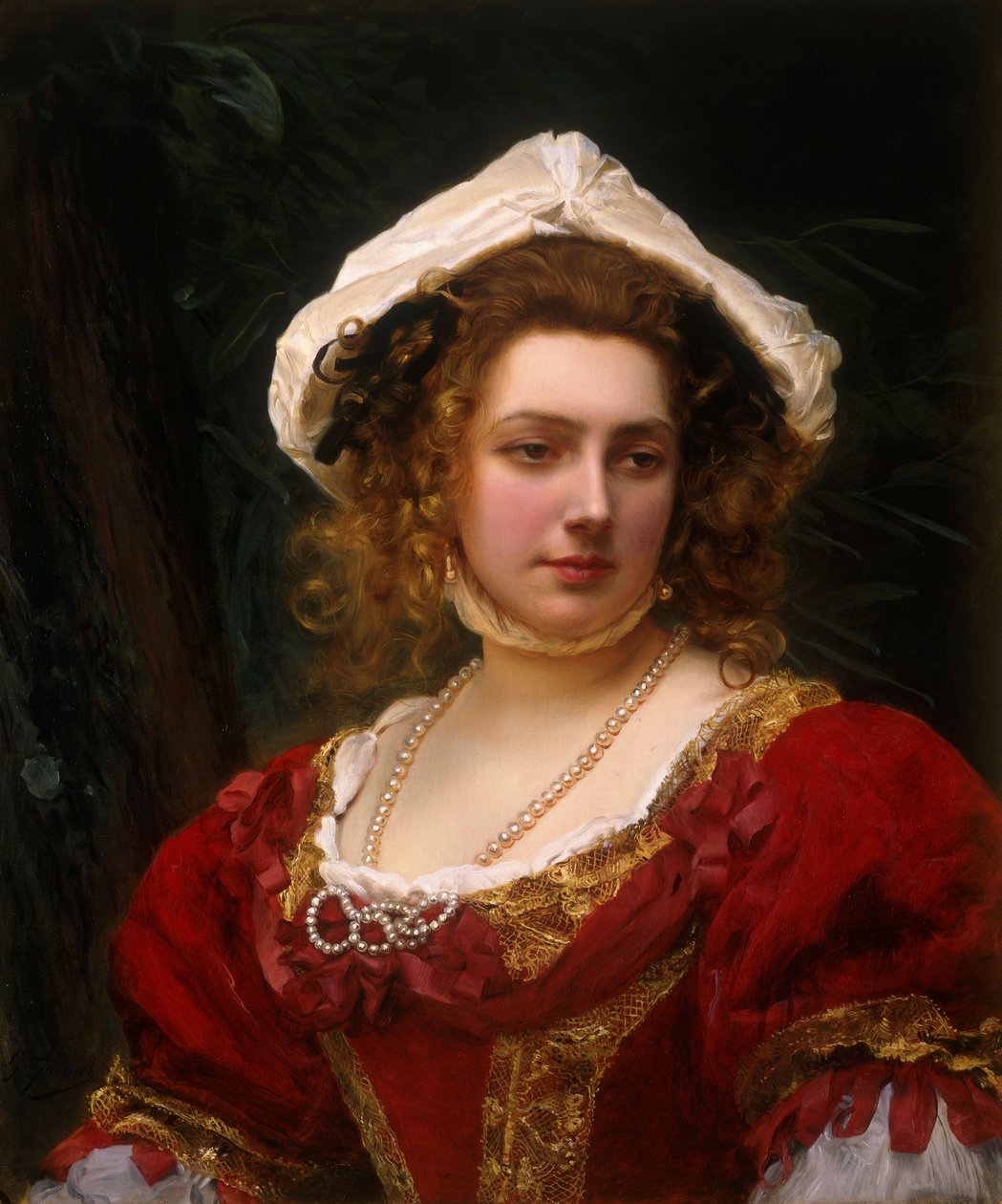 Portrét elegantní dámy v červených sametových šatech od Gustave Jacquet