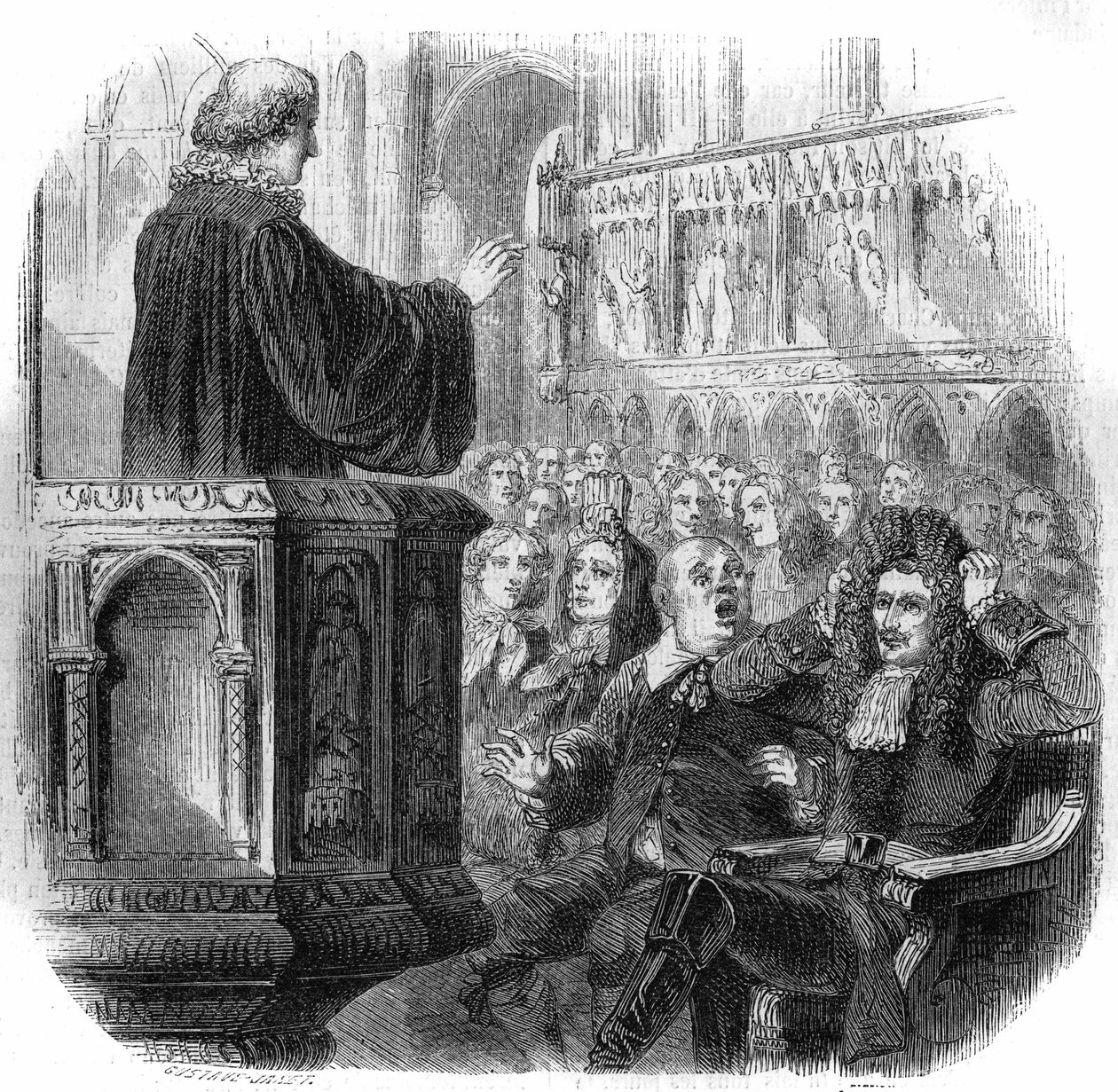 Petr 1. Veliký (1672-1725), ruský car, nosící vlasy na starostově paruce při návštěvě holandského kostela v roce 1716. Rytina Gustava Janeta od Gustave Janet
