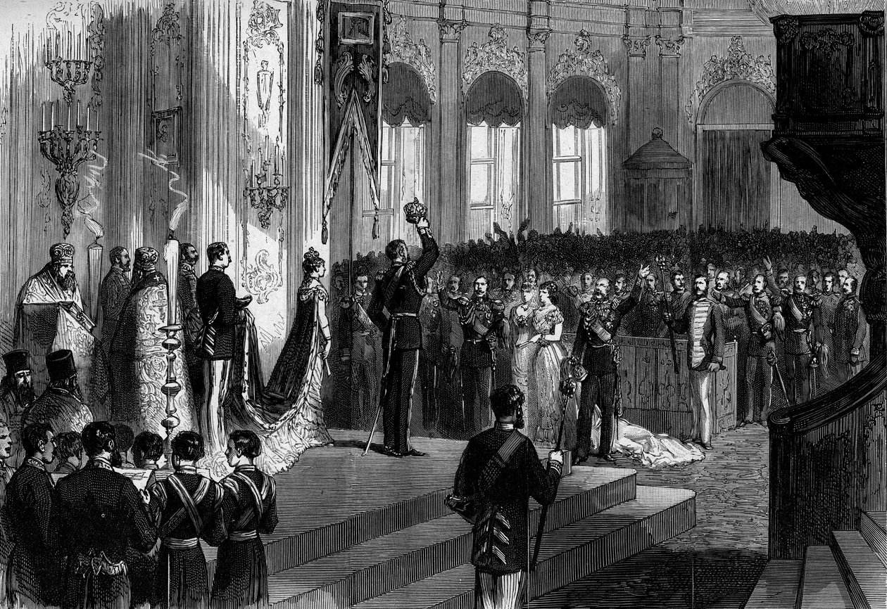 Ruský car Alexandr III. (1845-1894) pokládání koruny na hlavu při ceremonii povýšení na trůn v kapli Zimního paláce v Petrohradě (St. Petersburg) od Gustave Janet