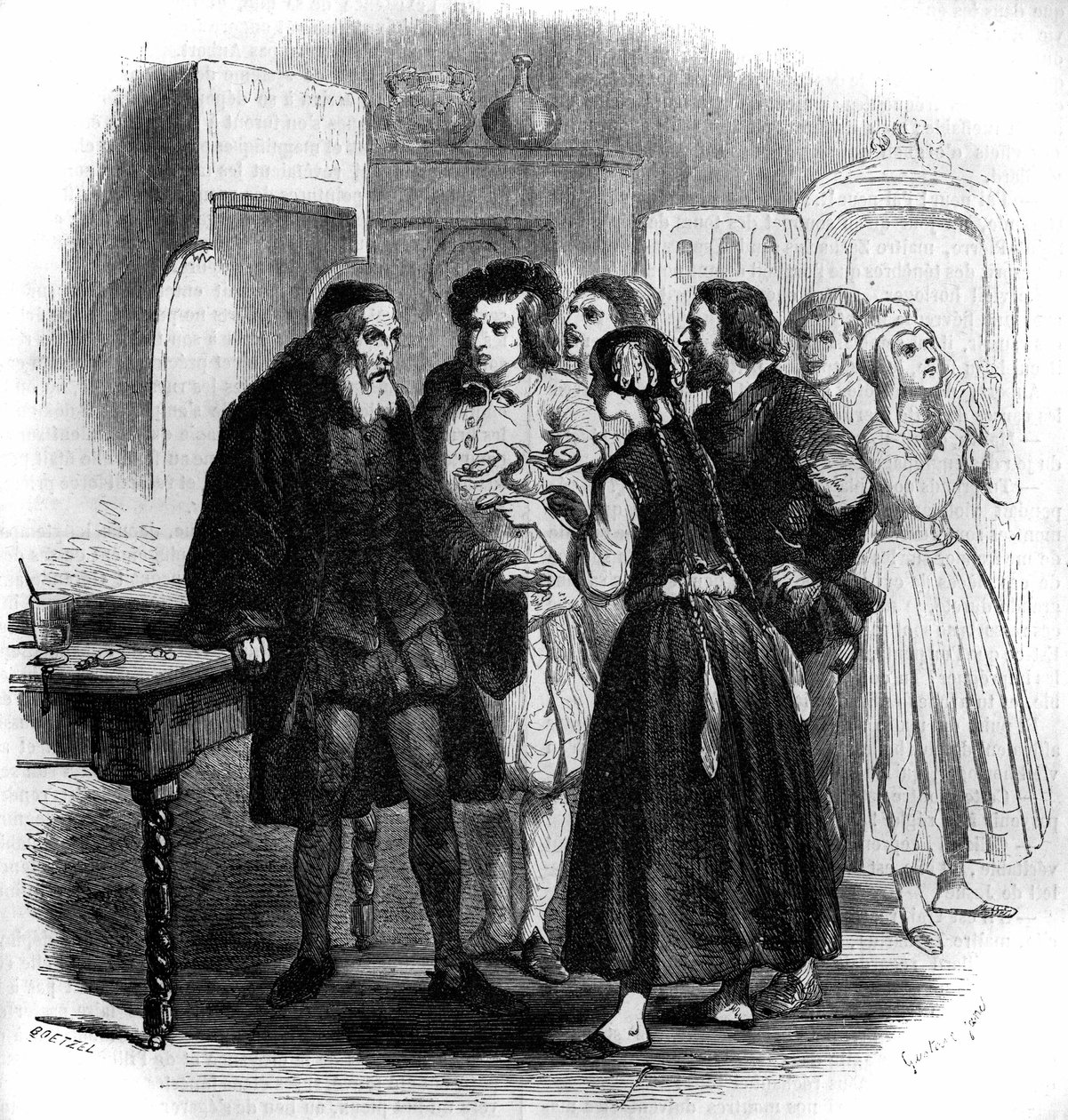 Ženevští lidé nosí své hodinky Zachariusovi. Ilustrace „“Mistr Zacharius aneb hodinář, který ztratil duši“, fantasy příběh Julese Verna (1828-1905). Rytina Gustave Janet od Gustave Janet