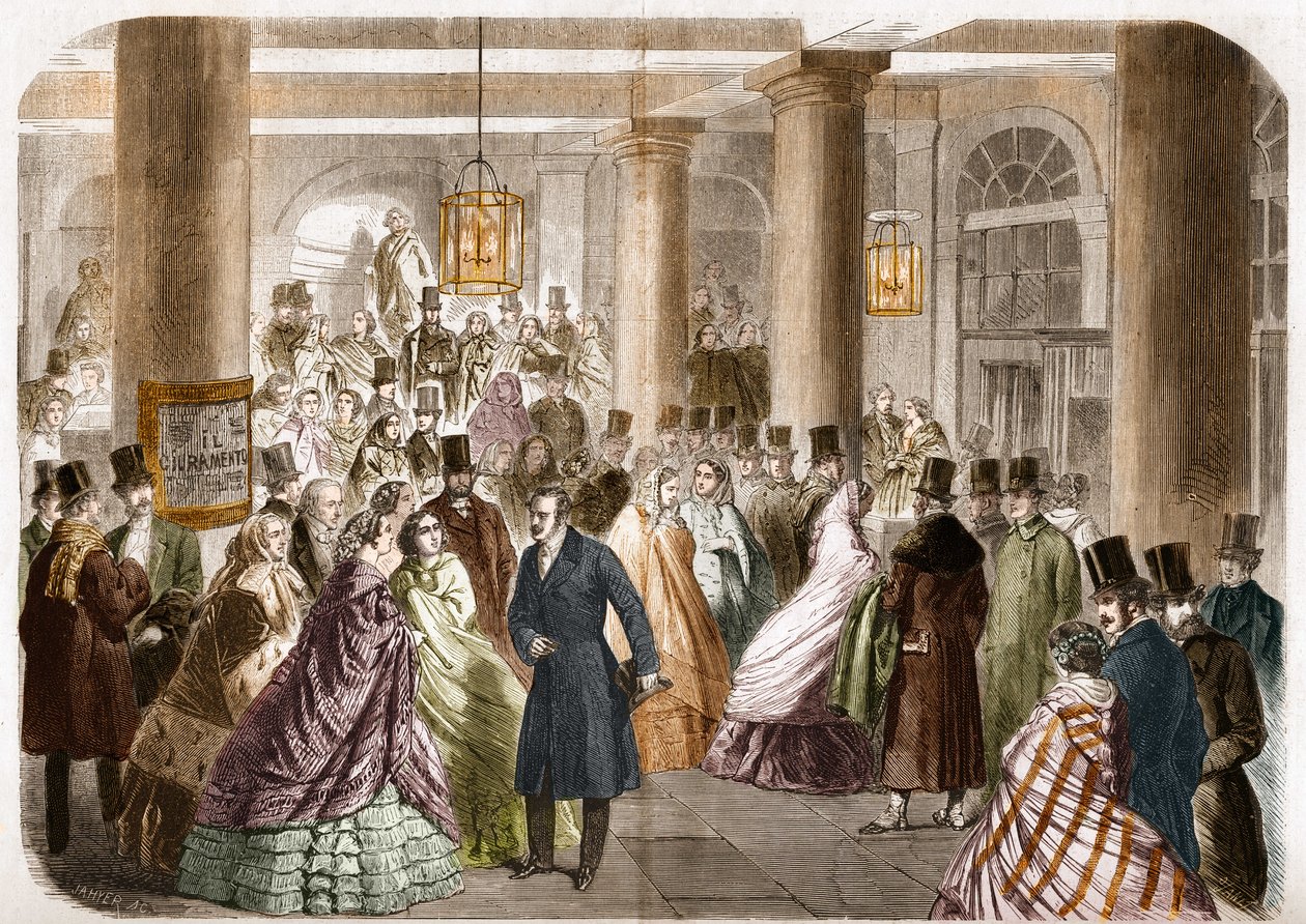Italské divadlo (Salle Ventadour) bylo uvedeno v Paříži v roce 1858. Kresba Gustave Janet, rytina Jahyer. od Gustave Janet