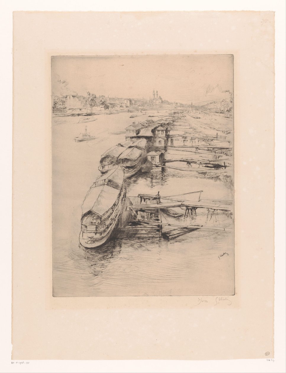 Kotvící lodě v Auteuil, Paříž Les bateaux Parisiens, Auteuil od Gustave Leheutre (signed by artist)