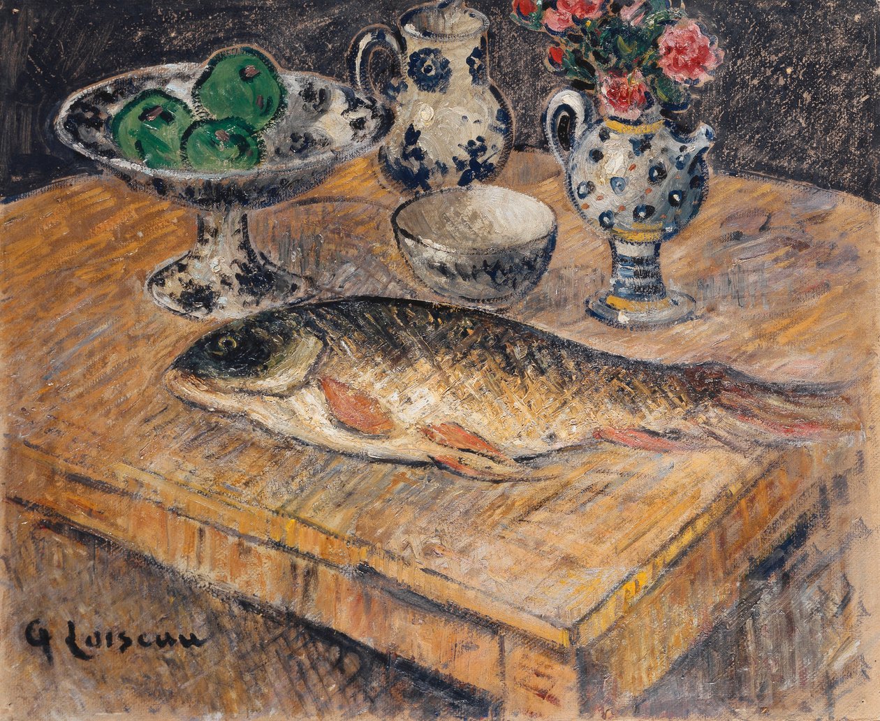 Zátiší s rybami, květinami a jablky; Zátiší s rybami, květinami a jablky, od Gustave Loiseau
