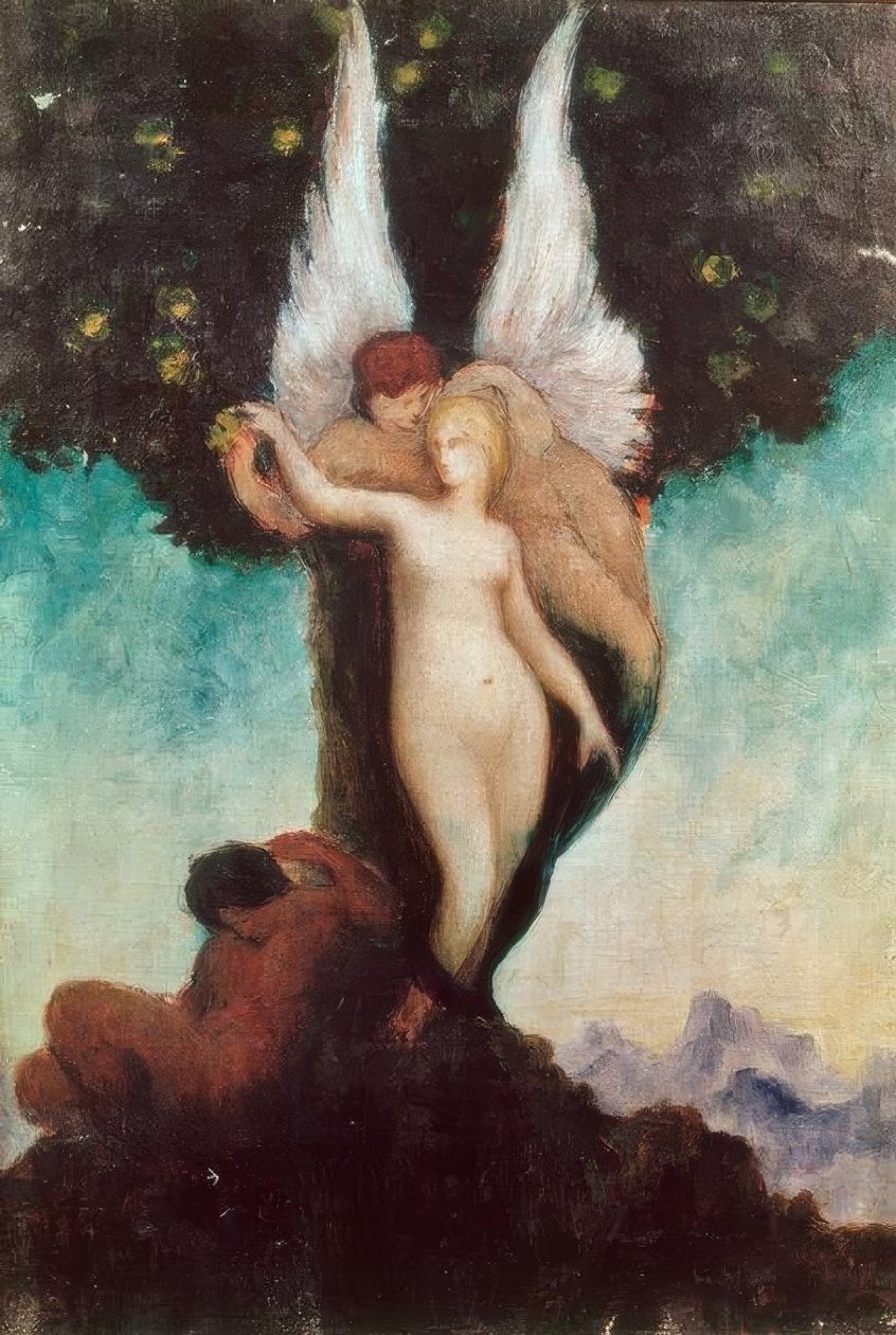 Imaginární scéna s prastarým námětem. Okřídlený Ephebe s w od Gustave Moreau