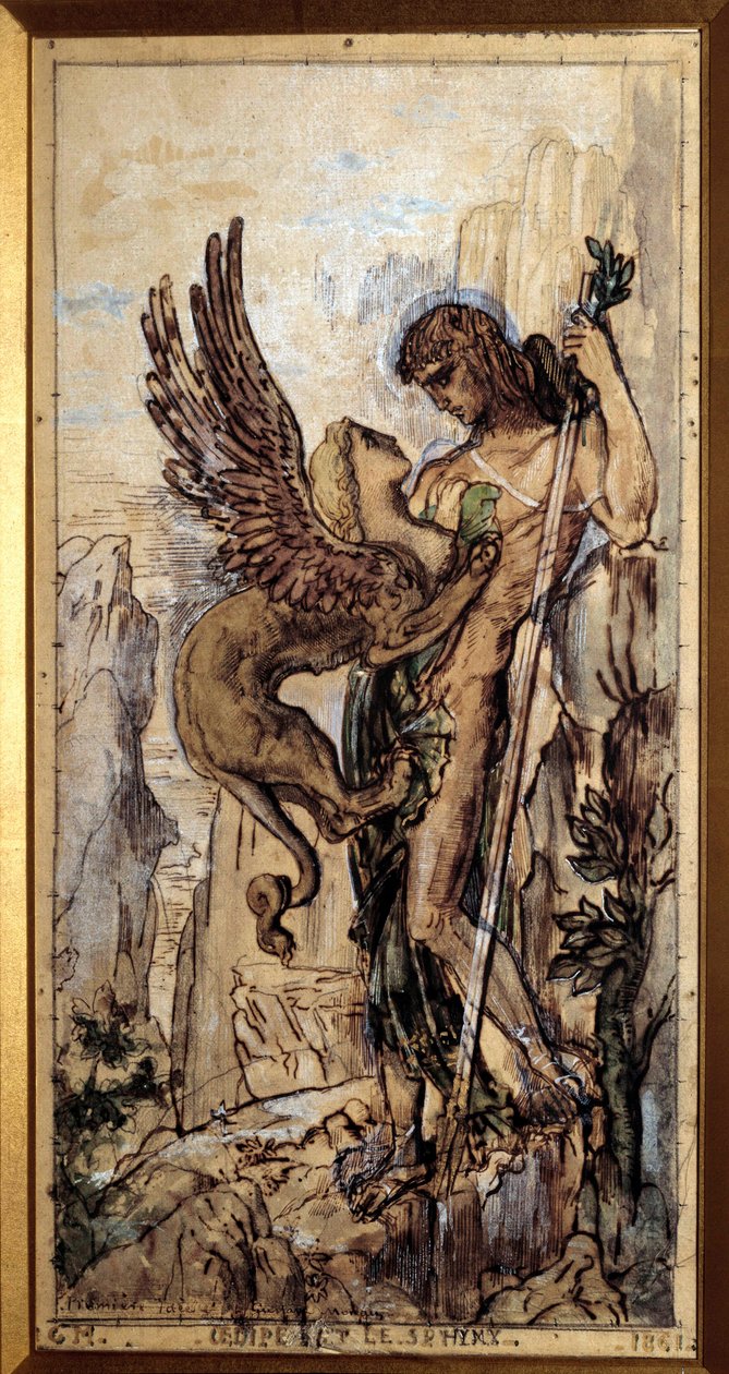 Obraz Oidipus a Sfinga od Gustava Moreaua (1826-1898) 1861 Paříž. od Gustave Moreau