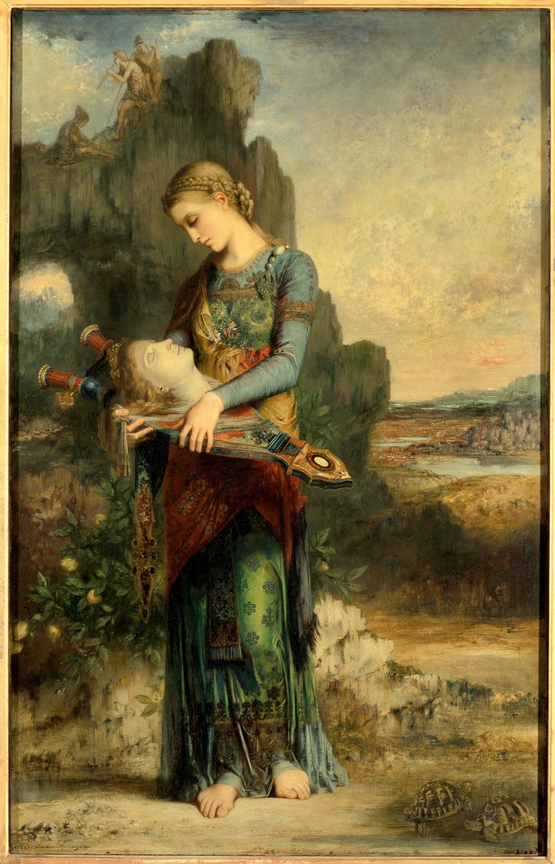 Orphee Thrácká dívka nosí hlavu Orphee. Obraz Gustava Moreaua (1826-1898). 1865, olej na dřevě, Rozm. 1,54x0,99 m Paříž, Musee d