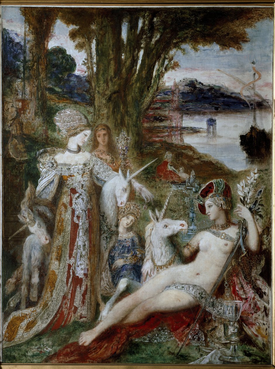 Jednorožci - Olej na plátně, kolem roku 1885 od Gustave Moreau
