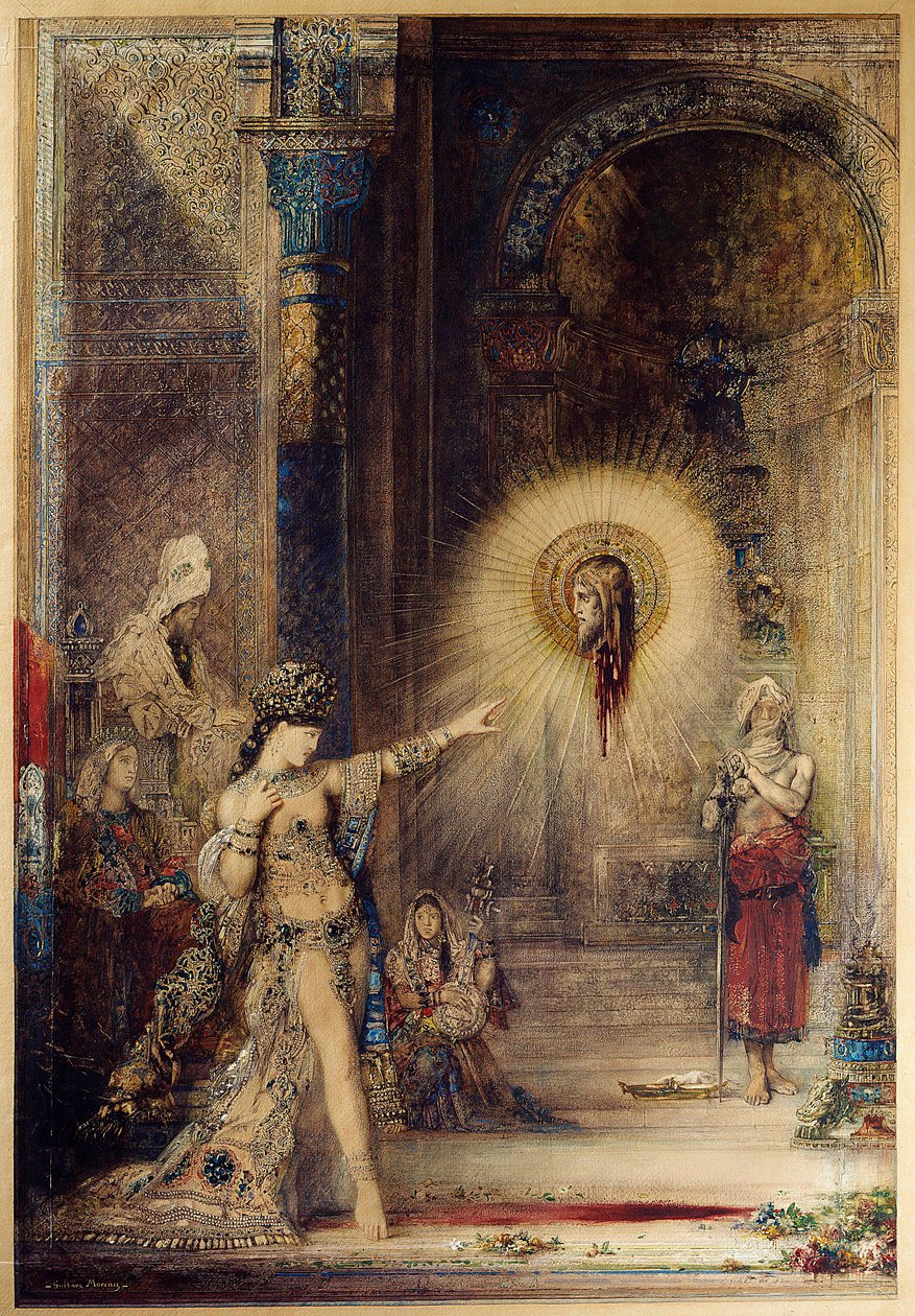 Představení La tete decollee od Jeana Baptista se objevuje před tanečnicí Salome na dvoře Heroda I. Velikého (73-4 př. Kr.). Akvarel od Gustava Moreaua (1826-1898) 1876 Sun. 1,06 x 0,72 m. Paříž, Musee d