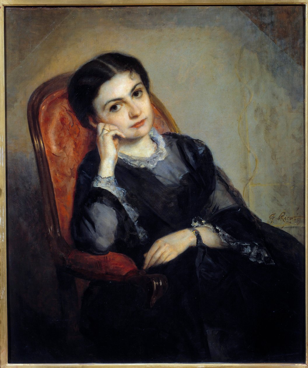 Portrét Joulie Hogayové, vikomta z Calonne, manželky publicisty Alphonse Bernarda, vikomta z Calonne. Obraz Gustava Ricarda (1823-1873) 19. století Sun. 0,86x0,73 m Paříž, musee d