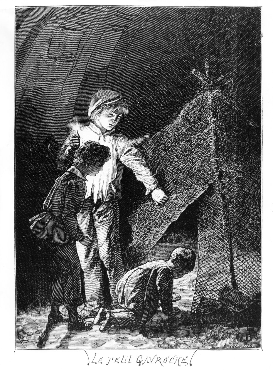 Gavroche a jeho dva bratři v Bastille Elephant, ilustrace z Les Miserables (1845-62) od Victora Huga (1802-85), c. 1885 od Gustave after Brion