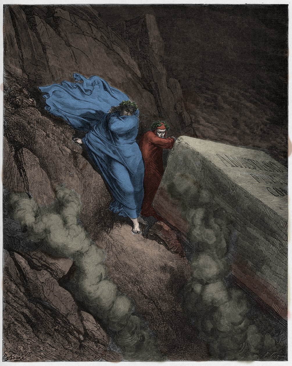 Inferno, Canto 11: Hořící hrobka papeže Anastasia II (Anastase II), ilustrace z Božské komedie od Dante Alighieriho, 1885 (digitálně kolorovaná rytina) od Gustave after Dore