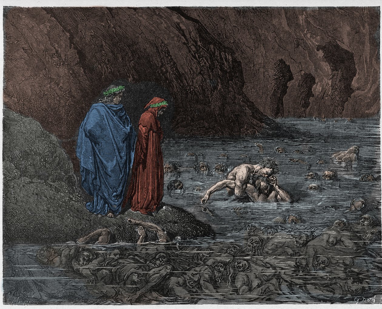Inferno, Canto 32: Ugolino (Ugolin della Gherardesca) hlodá hlavu arcibiskupa Ruggieriho (Ruggeri Ubaldini), ilustrace z Božské komedie od Dante Alighieriho, 1885 (digitálně kolorováno a od Gustave after Dore