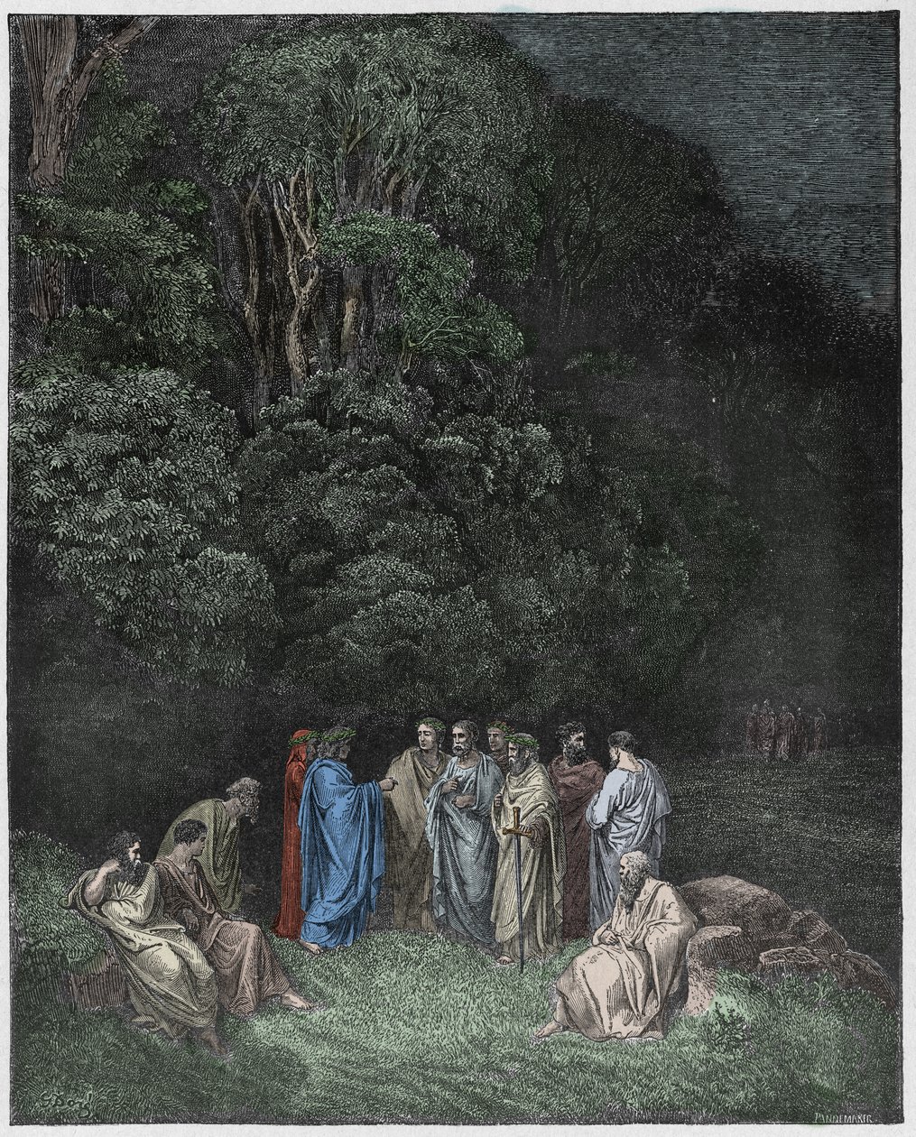 Inferno, Canto 4: Homer, básníci a hrdinové v Limbo, ilustrace z Božské komedie od Dante Alighieriho, 1885 (digitálně kolorovaná rytina) od Gustave after Dore