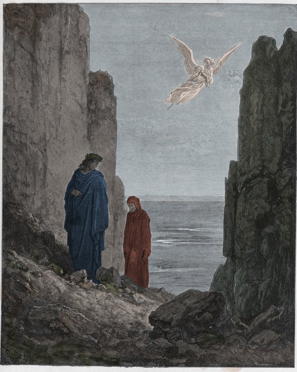 Purgatorio, Canto 19: Básníci vystupují do pátého kruhu, ilustrace z Božské komedie od Dante Alighieriho, 1885 (digitálně kolorovaná rytina) od Gustave after Dore