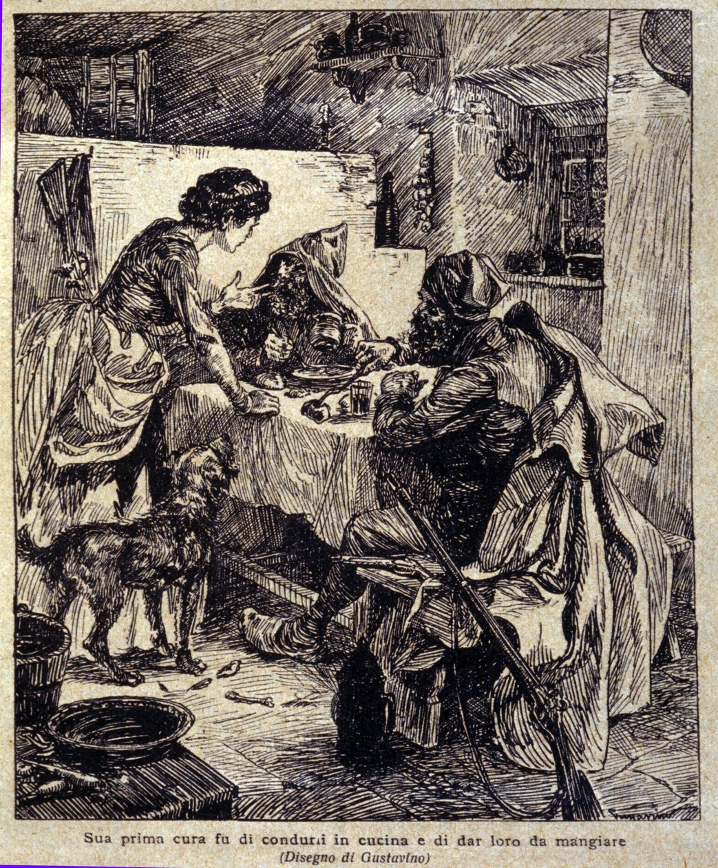 Jeho první starostí bylo zahnat je do kuchyně a nakrmit je... Ilustrace nové „“ Colomby““, kterou napsal Prosper Merimee. Rytina Gustavino (Gustavo Rosso) (1881-1950), cca 1915 od Gustavo Gustavino Rosso