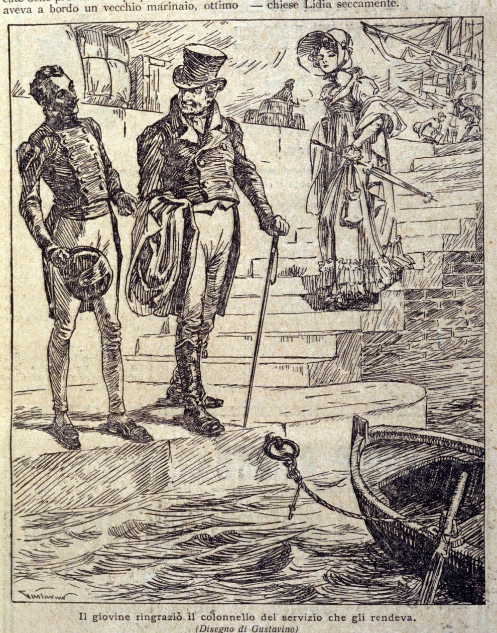 mladý muž poděkoval plukovníkovi za jeho službu... Ilustrace nové „“ Colomby““, kterou napsal Prosper Merimee. Rytina Gustavino (Gustavo Rosso) (1881-1950), cca 1915 od Gustavo Gustavino Rosso