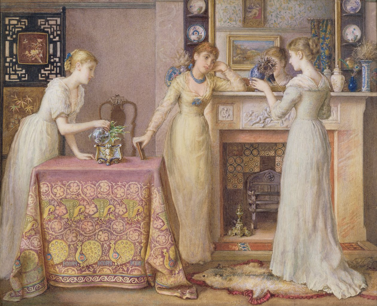 Three Sisters, Art & Crafts Aesthetic Interior, 1877 (wc na papíře) od Gustavus Arthur Bouvier