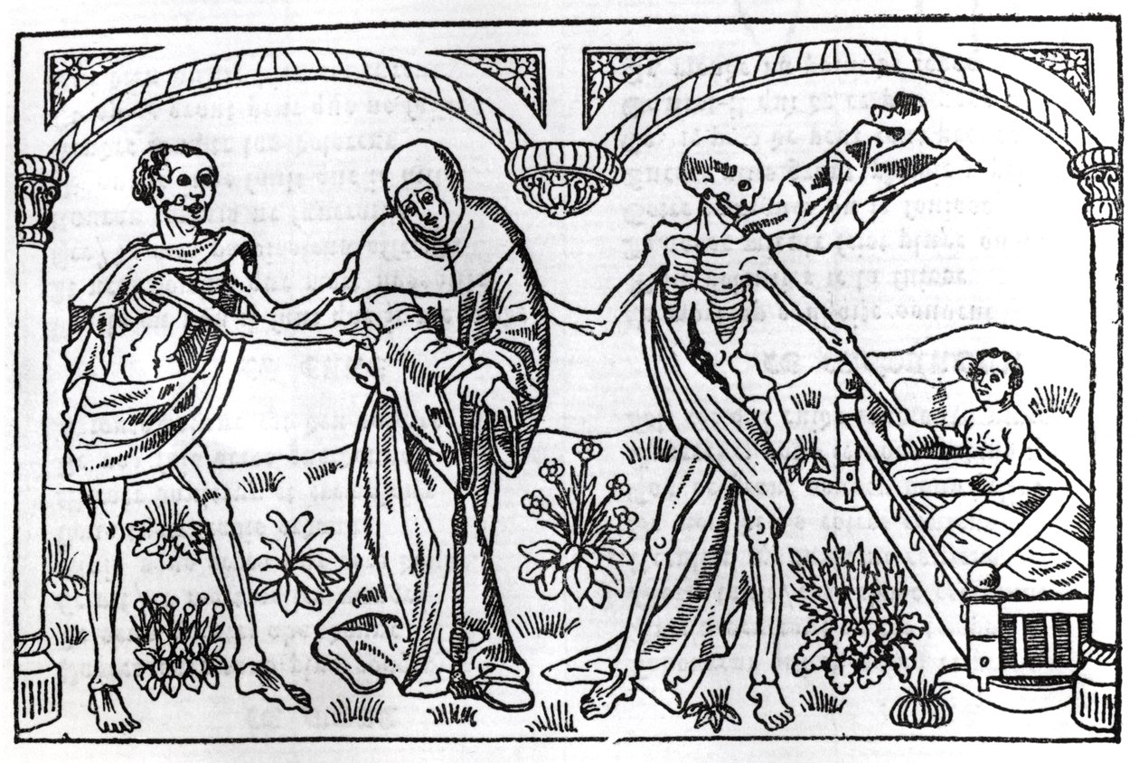 Smrt bere žebráka a dítě, z Danse Macabre, vydáno v Paříži, 1485 od Guy Marchant