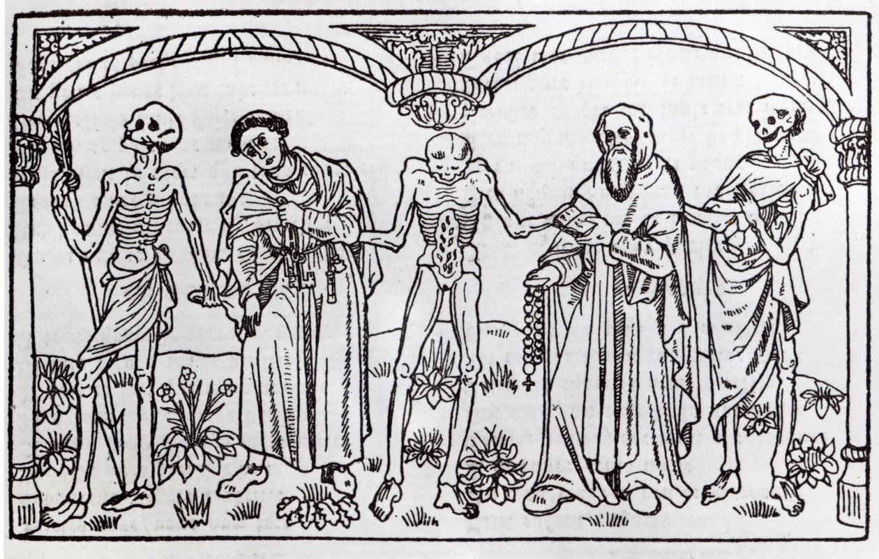 Smrt bere mnicha a opata, z Danse Macabre, vydáno Paříž, 1485 od Guy Marchant