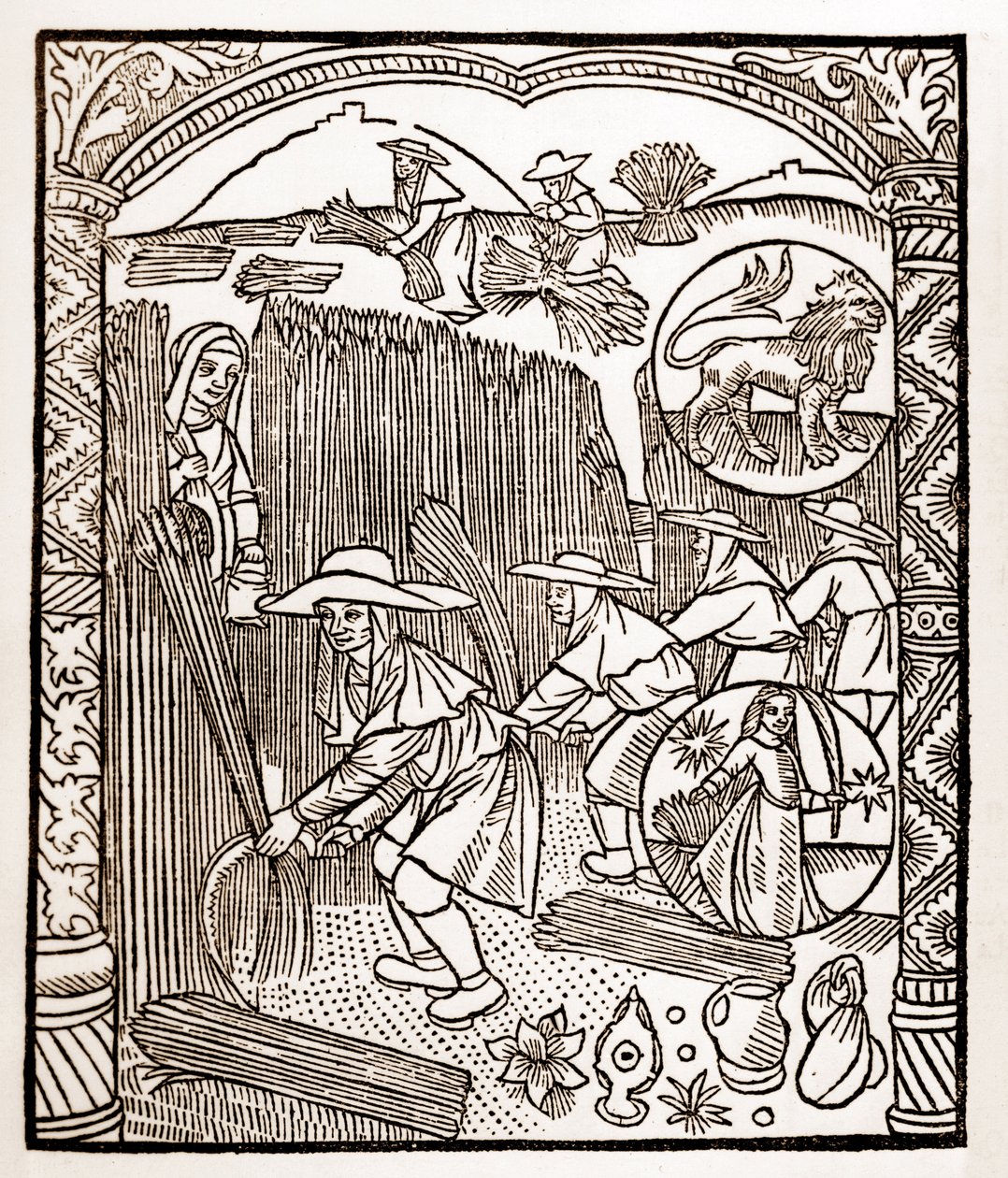 Pastýřský kalendář - Práce měsíců - Srpen - Dřevoryt z knihy z roku 1496 vytištěné Guy Marchantem (Guido Mercator) v Troyes - Dřevoryt v „Le grand Calendrier et compost des shepherds“ - od Guy Marchant