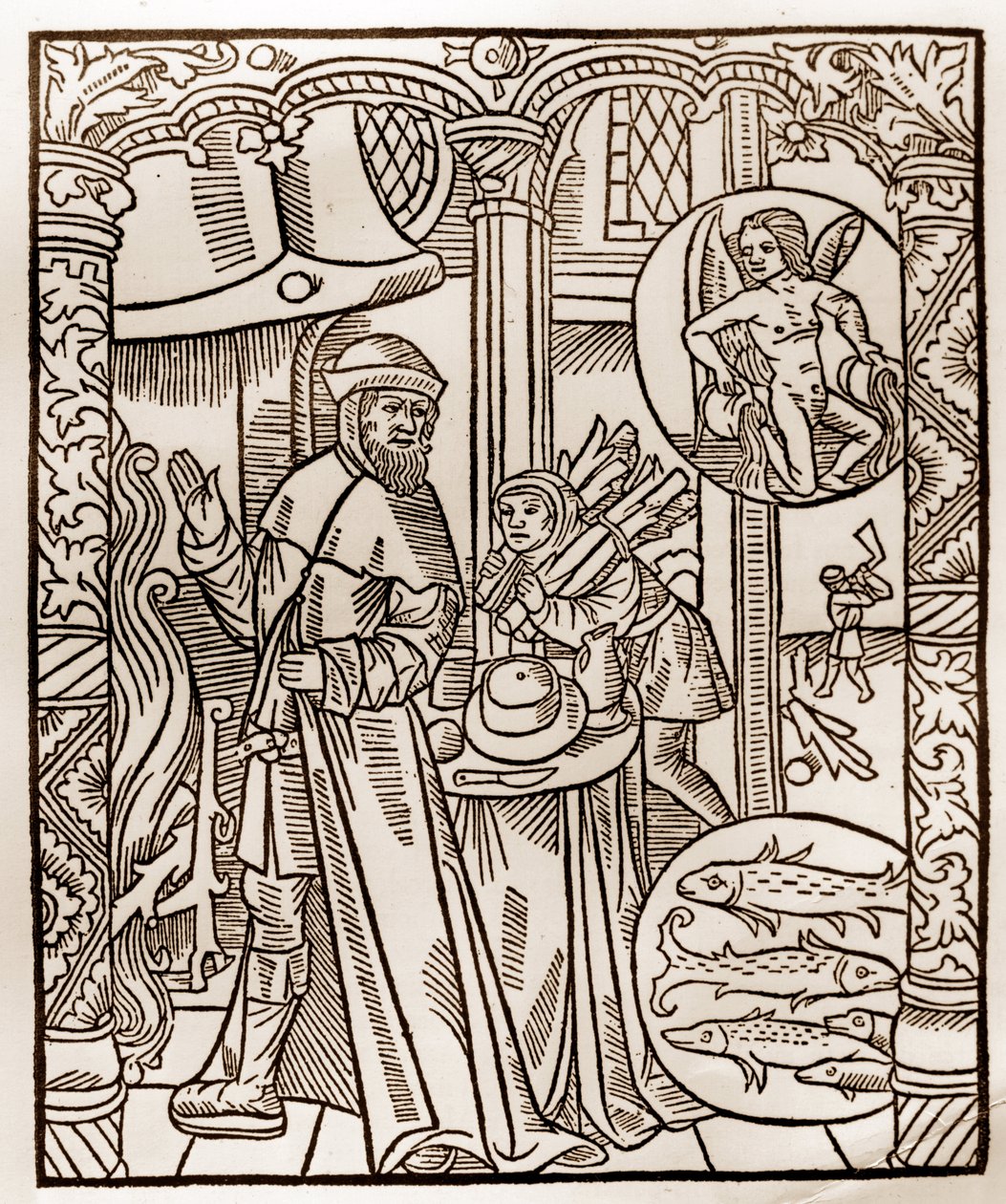 Pastýřský kalendář - Práce měsíců - Únor - Dřevoryt z knihy z roku 1496 vytištěné Guyem Marchantem (Guido Mercator) v Troyes - Dřevoryt v „“Le grand Calendrier et compost des shepherds““ - od Guy Marchant