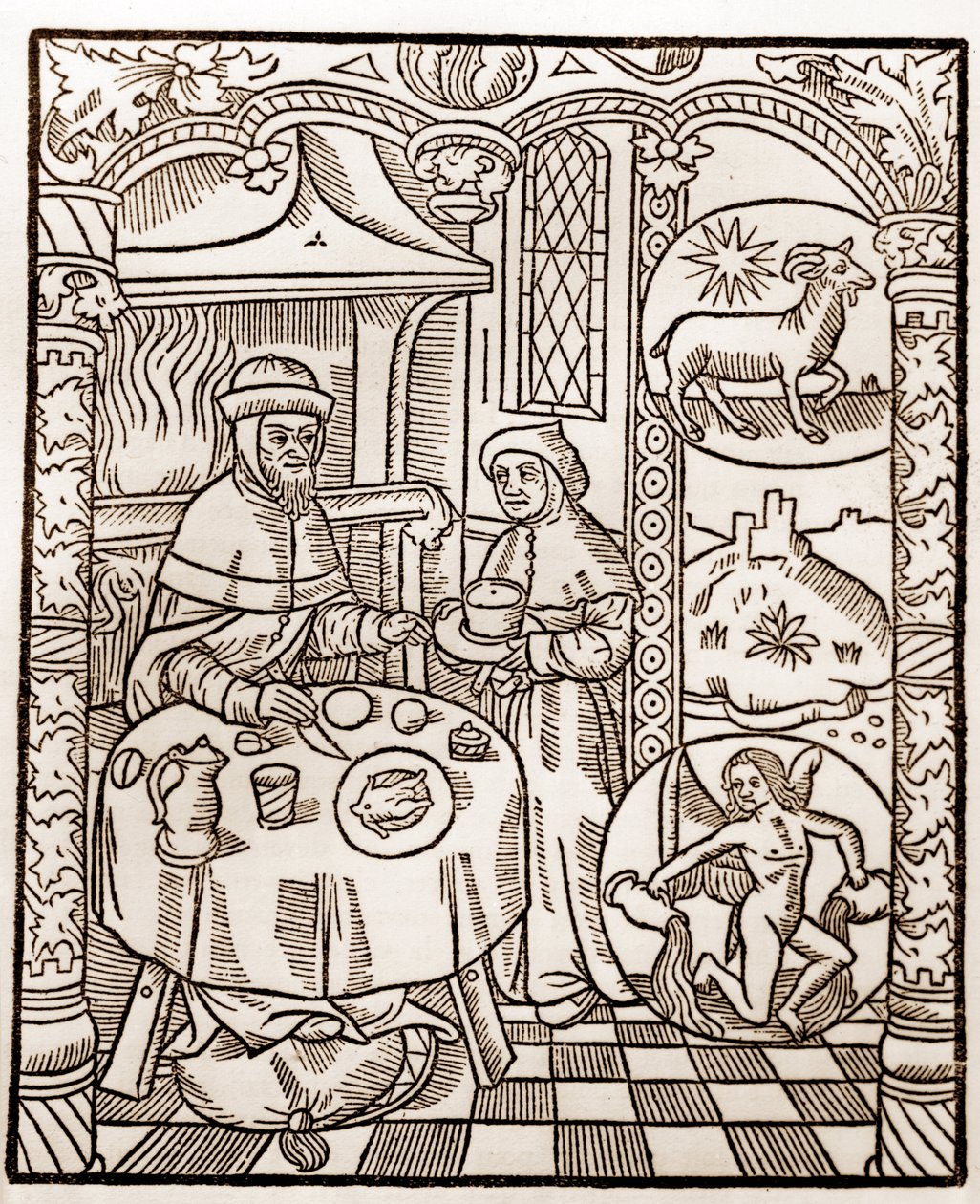 Pastýřský kalendář - Práce měsíců - Leden - Dřevoryt z knihy z roku 1496 vytištěné Guy Marchantem (Guido Mercator) v Troyes - Dřevoryt v „Le grand Calendrier et compost des shepherds“ - od Guy Marchant